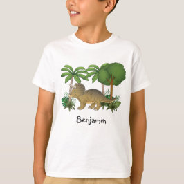 かわいいトリケラトプスの恐竜と木々と植物 Tシャツ