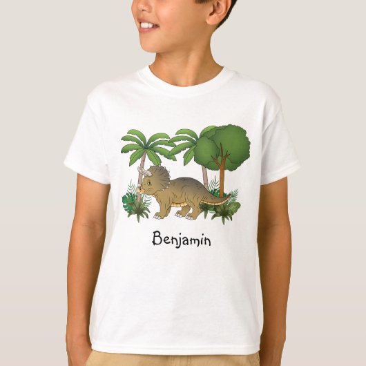 かわいいトリケラトプスの恐竜と木々と植物 Tシャツ (正面)