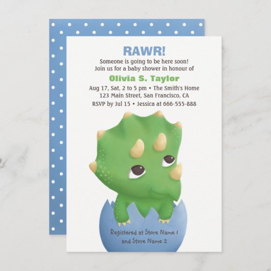 かわいいトリケラトプス恐竜のベビーシャワー招待状 招待状 (正面/裏面)