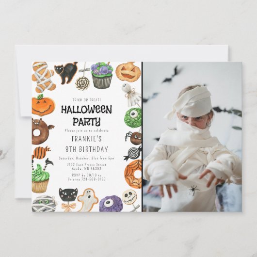 かわいいトリックまたはトリートハロウィーンフォト誕生日 招待状 (正面)
