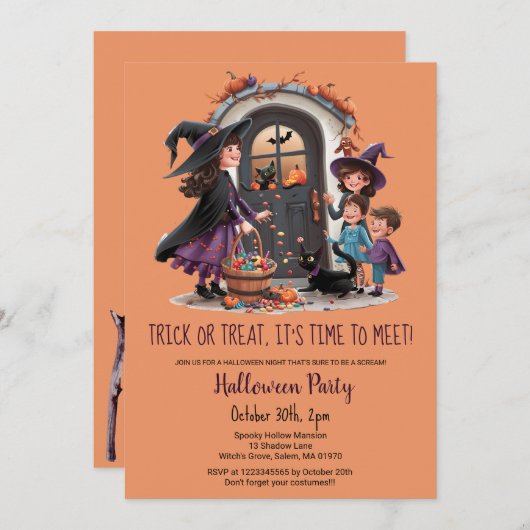 かわいいトリックトリートキッズスイーツハローウィンパーティ 招待状 (正面/裏面)