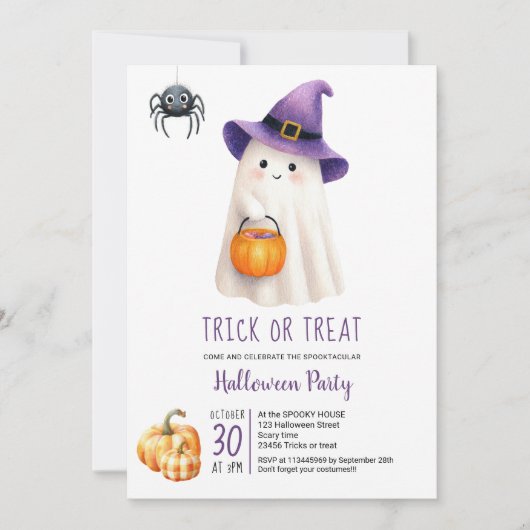 かわいいトリックトリート幽霊ウィムシキッズハローウィンパーティ 招待状 (正面)