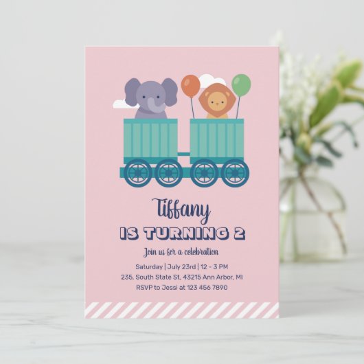 かわいいトレインサファリ動物マンガ子供の誕生日 招待状 (スタンド正面)