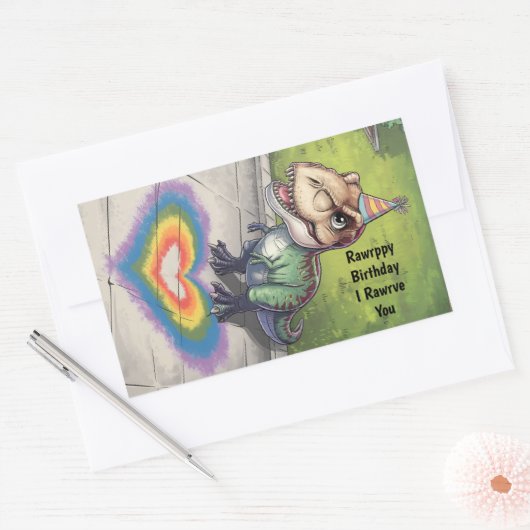 かわいいトレックスの虹が歩道で聞く 長方形シール (封筒)