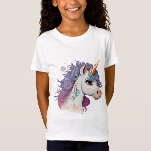 かわいいトレンディーの女の子の紫エレガントの魔法のユニコーン Tシャツ (正面)