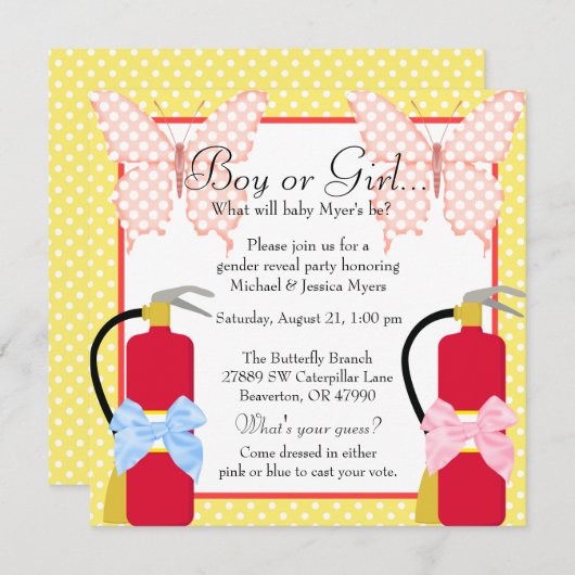 かわいいトレンディーの消防士とバタフライのジェンダーリビール 招待状 (正面/裏面)