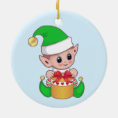 かわいいトレンディークリスマス小妖精や小人オンライトブルー セラミックオーナメント (裏面)