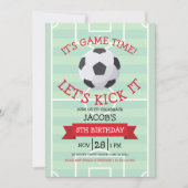 かわいいトレンディーサッカーフィールド&リボン誕生日 招待状 (正面)