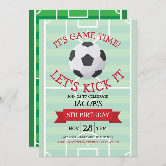 かわいいトレンディーサッカーフィールド&リボン誕生日 招待状 (正面/裏面)