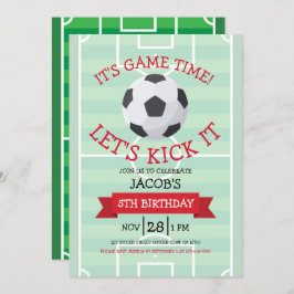 かわいいトレンディーサッカーフィールド&リボン誕生日 招待状