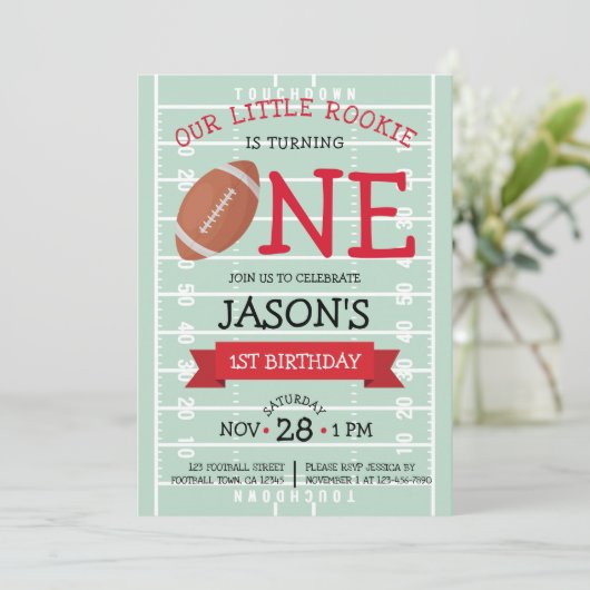 かわいいトレンディーサッカーフィールド&リボン1st誕生日 招待状 (スタンド正面)