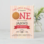 かわいいトレンディーバスケットボールコート&リボン1歳の誕生日 招待状 (スタンド正面)