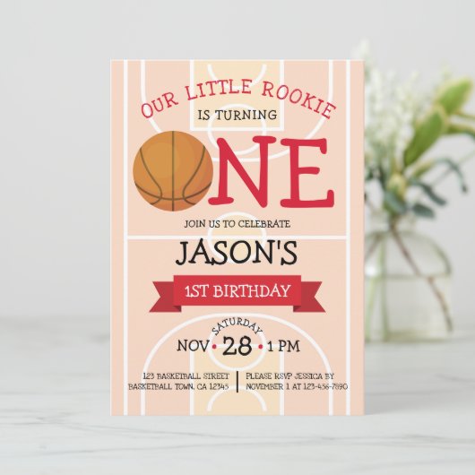 かわいいトレンディーバスケットボールコート&リボン1歳の誕生日 招待状 (スタンド正面)