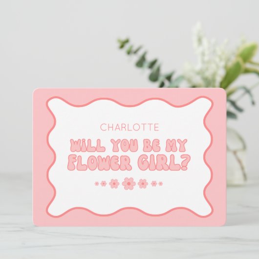 かわいいトレンディーピンクパーソナライズされたフラワーガール提案 カード (スタンド正面)