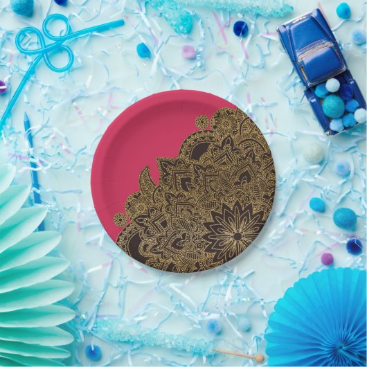 かわいいトレンディーフェイク金ゴールドグリッターフラワーヘナ ペーパープレート (パーティー)