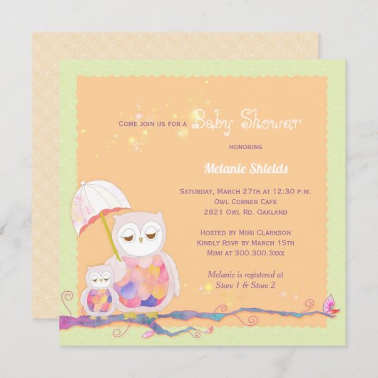 かわいいトレンディーフクロウベビーシャワー 招待状 (正面/裏面)