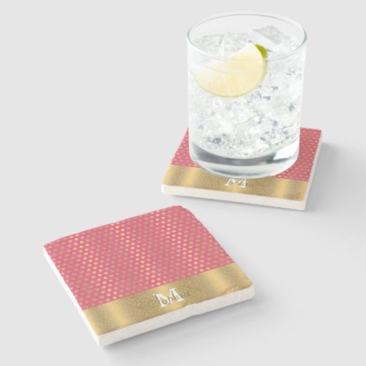 かわいいトレンディー水玉模様フェイク金ゴールドグリッターパターン ストーンコースター (横)