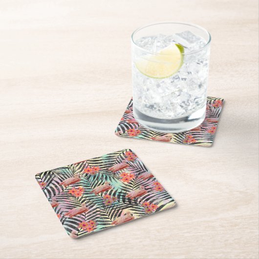 かわいいトレンディー熱帯フラミンゴ絵を描フローラ スクエアペーパーコースター (インサイチュ)