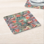 かわいいトレンディー熱帯フラミンゴ絵を描フローラ スクエアペーパーコースター (アングル)