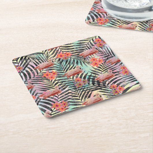 かわいいトレンディー熱帯フラミンゴ絵を描フローラ スクエアペーパーコースター (アングル)