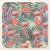 かわいいトレンディー熱帯フラミンゴ絵を描フローラ スクエアペーパーコースター (正面)