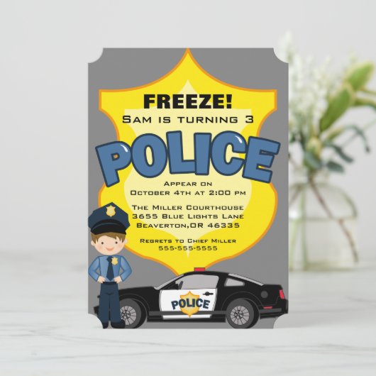 かわいいトレンディー警察車誕生日招待状 招待状 (スタンド正面)