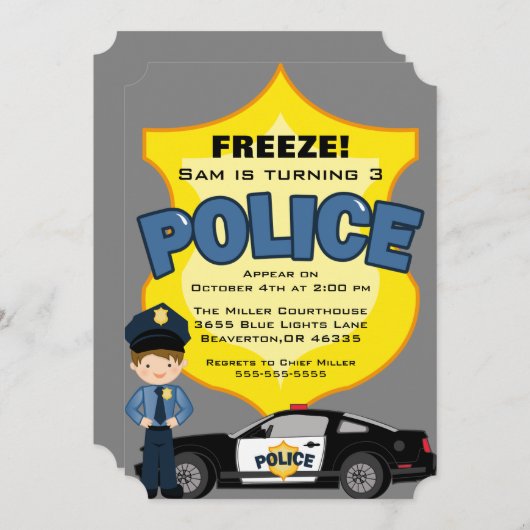 かわいいトレンディー警察車誕生日招待状 招待状 (正面/裏面)