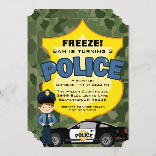 かわいいトレンディー警察車誕生日招待状 招待状 (正面/裏面)