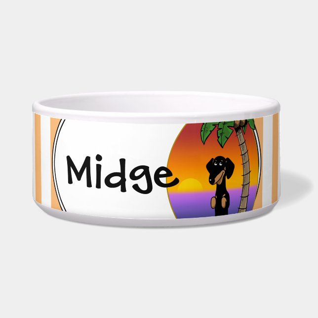 かわいいトロピカルアイランドビーチダックスフント（黒と茶色） ボウル (正面)