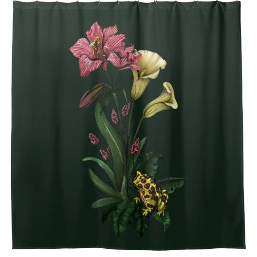かわいいトロピカルカエルとユリの植物フローラ シャワーカーテン (正面)
