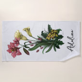 かわいいトロピカルカエルとユリの植物フローラ ビーチタオル (正面)