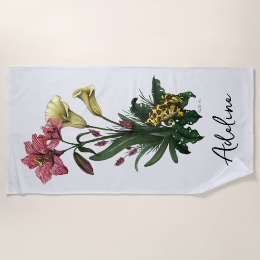 かわいいトロピカルカエルとユリの植物フローラ ビーチタオル (正面)