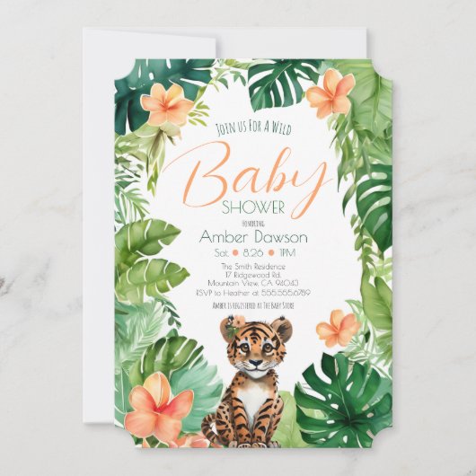 かわいいトロピカルタイガーで女の子のジャングルの赤ちゃんシャワー 招待状 (正面)