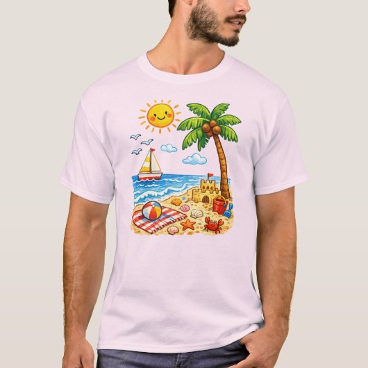 かわいいトロピカルビーチ夏休みキャラクター Tシャツ (正面)