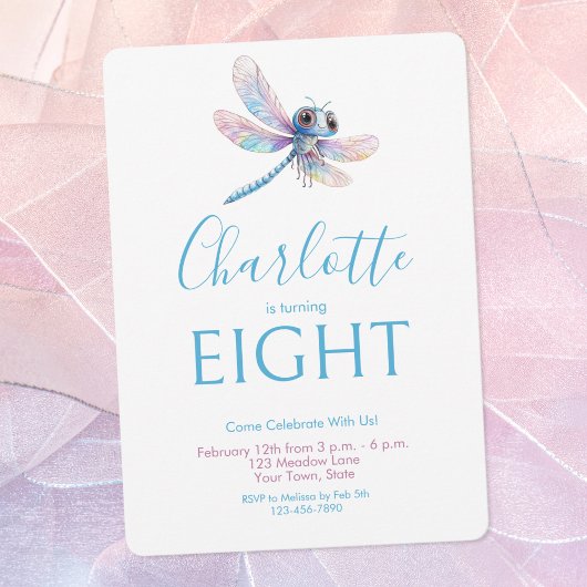 かわいいトンボの水色ガールブルーピンク誕生日 招待状