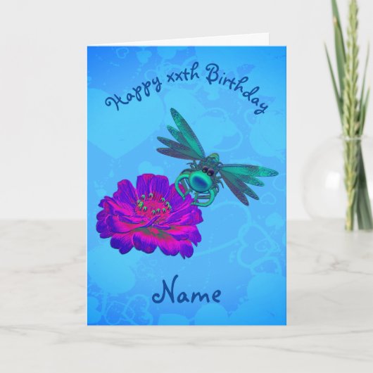 かわいいトンボonフラワーパーソナライズされた誕生日  カード (正面)