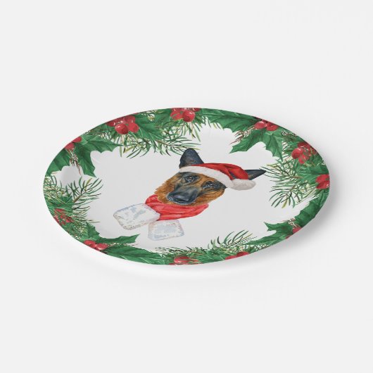 かわいいドイツの羊飼いの水彩クリスマス ペーパープレート (アングル)