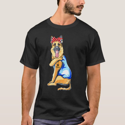かわいいドイツ牧羊犬のタトゥー 私はママが好き Tシャツ (正面)