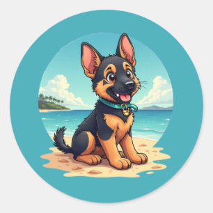 かわいいドイツ牧羊犬の子犬ビーチイラスト ラウンドシール