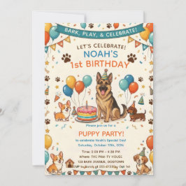 かわいいドイツ・シェパードの子犬の誕生日パーティー 招待状