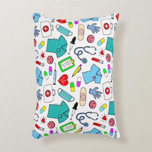 かわいいドクターナース医療用品パターン アクセントクッション (正面(垂直))