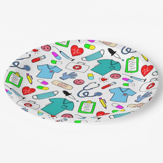 かわいいドクターナース医療用品パターン ペーパープレート (アングル)