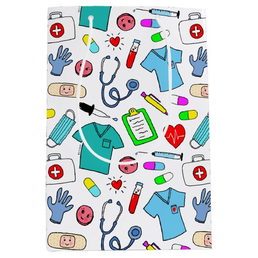 かわいいドクターナース医療用品パターン ミディアムペーパーバッグ (正面)