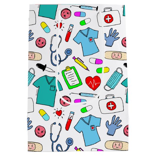 かわいいドクターナース医療用品パターン ミディアムペーパーバッグ (裏面)