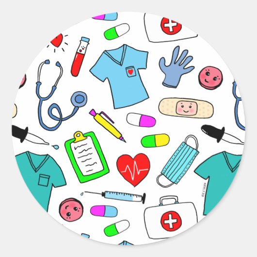 かわいいドクターナース医療用品パターン ラウンドシール (正面)
