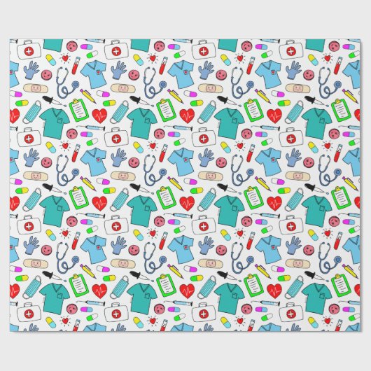 かわいいドクターナース医療用品パターン ラッピングペーパー (フラット)