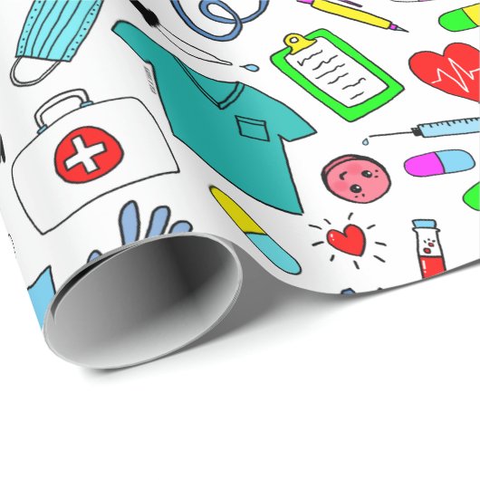 かわいいドクターナース医療用品パターン ラッピングペーパー (ロールコーナー)