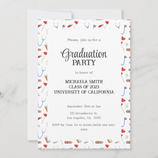 かわいいドクター卒業式パーティー 招待状 (正面)