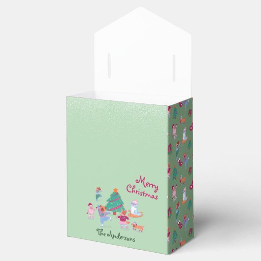 かわいいドッグアイススケートで滑るピスタチオ緑のクリスマス フェイバーボックス (オープン)