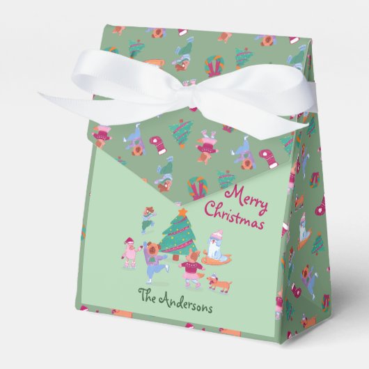 かわいいドッグアイススケートで滑るピスタチオ緑のクリスマス フェイバーボックス (正面サイド)